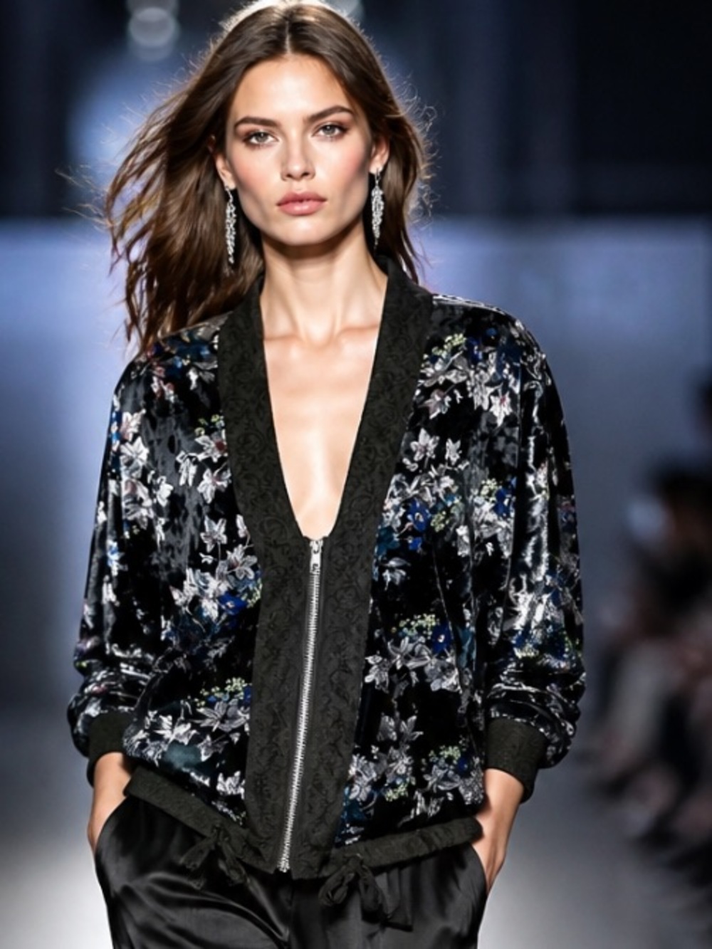 MYSTREE Jacket Velvet Floral Black Blue V Bomber Full Zip Boho Kimono Romantic M